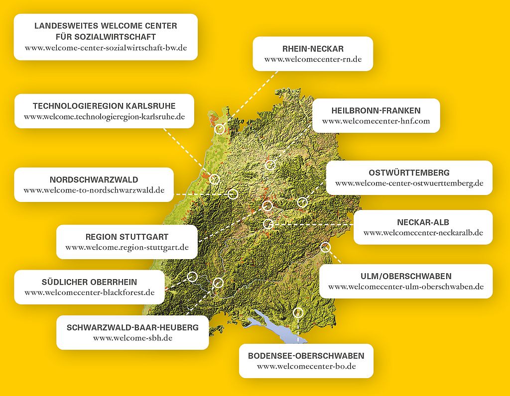 Karte mit dem Umriss von Baden-Württemberg und skizzierter Landschaft mit zwölf gekennzeichneten Standorten