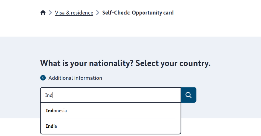 Screenshot with the Englisch headline "Self-Check: Opportunity Card", Make it in Germany logo and the question "What is your nationality?"