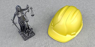Statue of Lady Justice next to a construction helmet