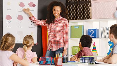 Young Spanish teacher with a group of students