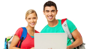 Students look on a laptop